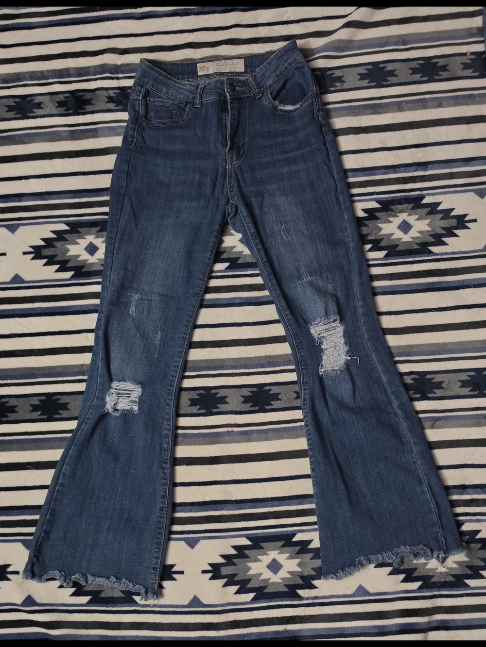 High-Rise Distressed Flare Jeans - Dark Blue